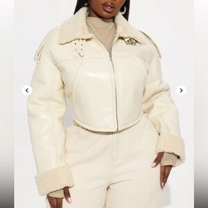 Faux Leather Cropped Jacket - Cream